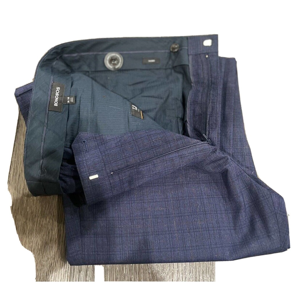 Bonobos Pants Mens 38X30 Checked Tailored Dark Blue Zipped Formal Business
